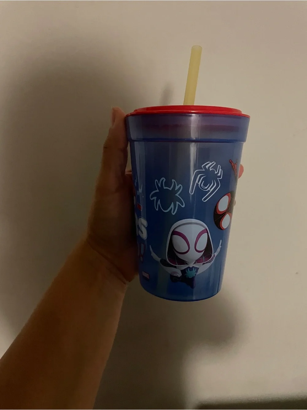 Marvel Spider-Man Blue Cup with Red Lid and Yellow Straw